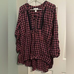 Motherhood Maternity Pink and Black Checkered Button Down Shirt